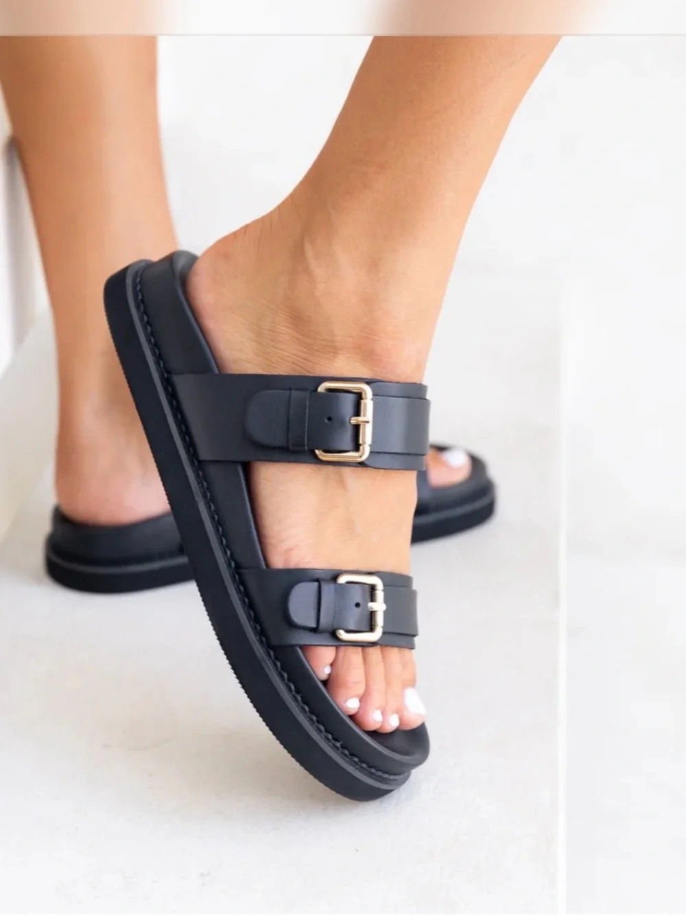 Liberté Aloha Double-Strap Buckle Slide Leather Sandals